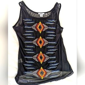 Bar III Black Mesh Tank Top with Geometric/Tribal Design- Small